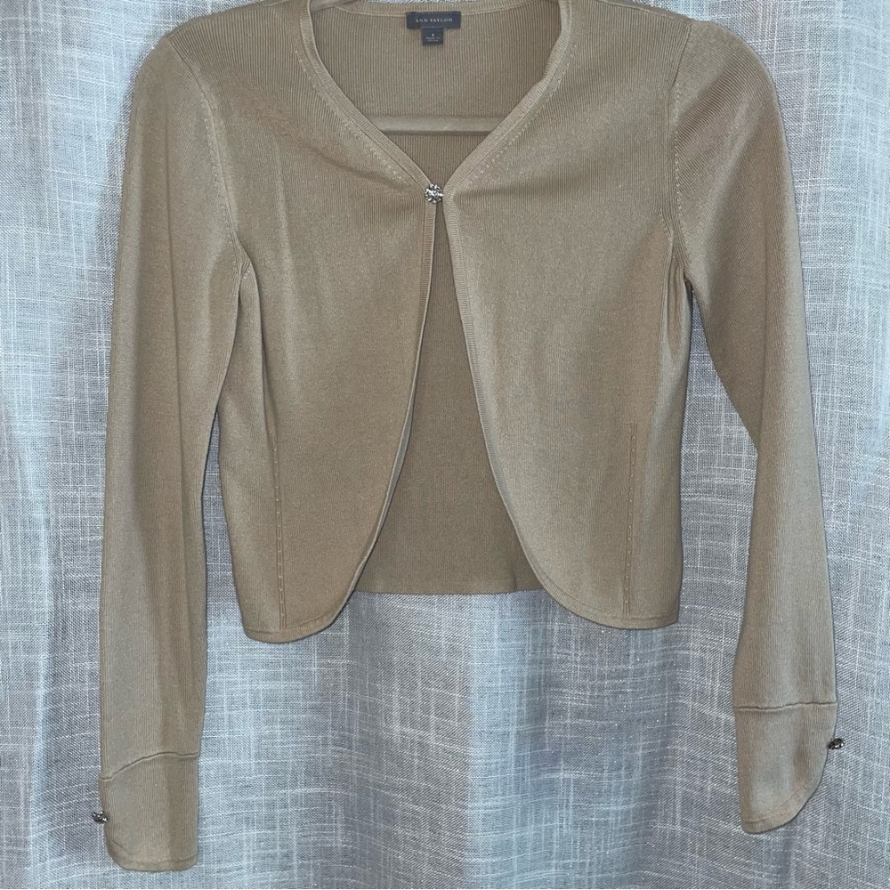 Ann Taylor Beige Cardigan w/ Embellishments Silk,Cotton,Cashmere
